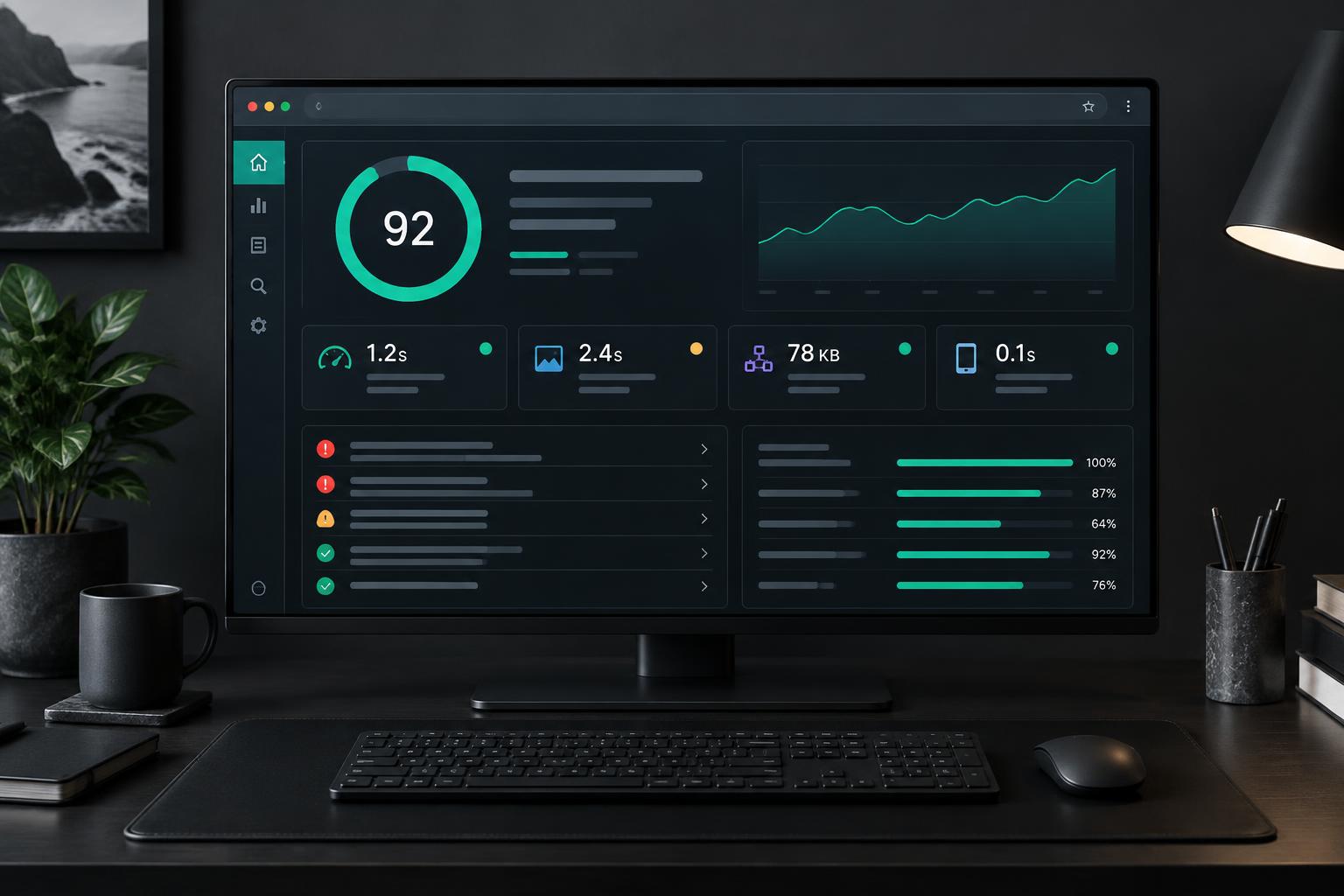 Website health dashboard preview with a score gauge, performance chart, and audit issues